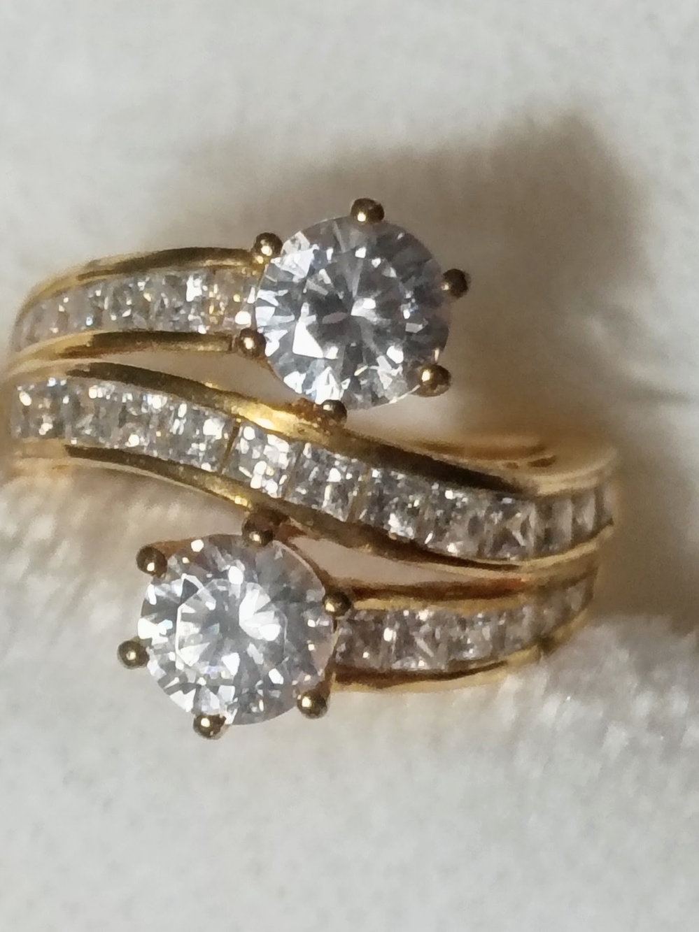 925 Sterling Gold Overlay Elegant Double Solitaire Crystal Ring Size 6